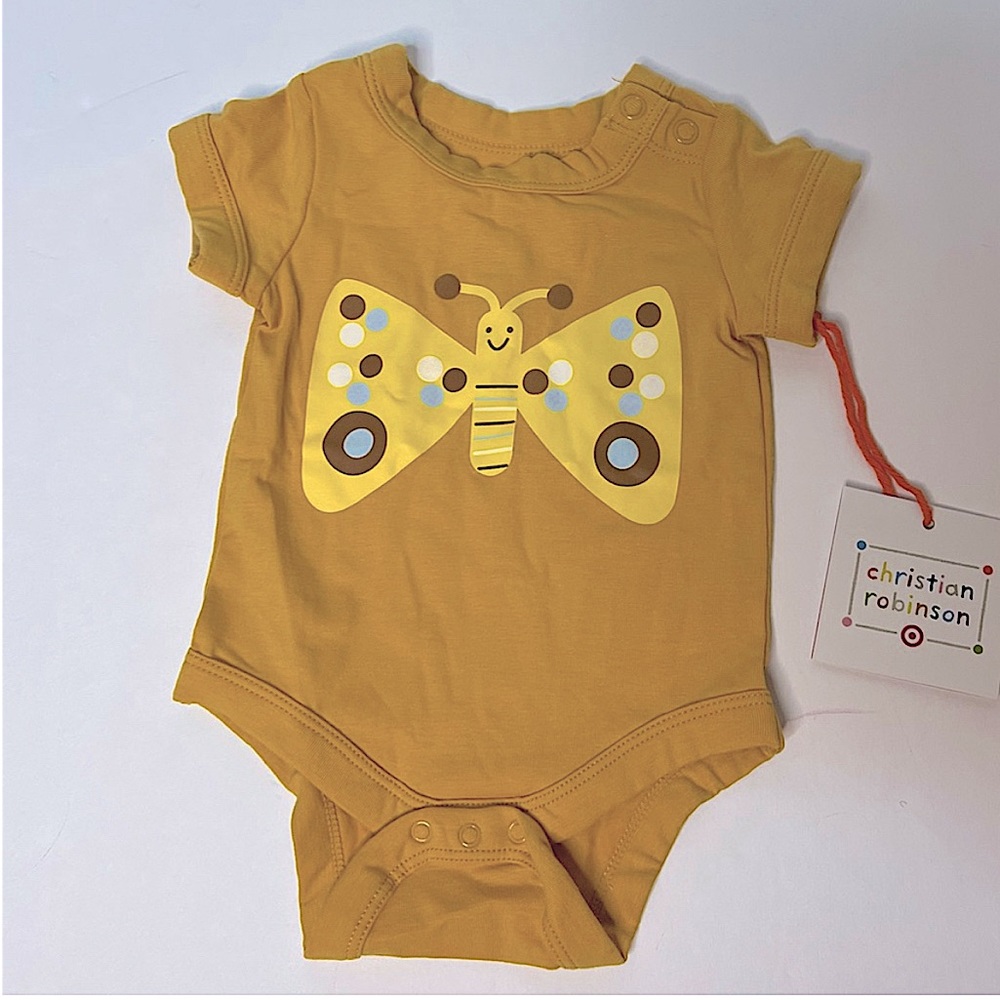 Christian Robinson Butterfly one piece in mustard gold with snaps baby New!